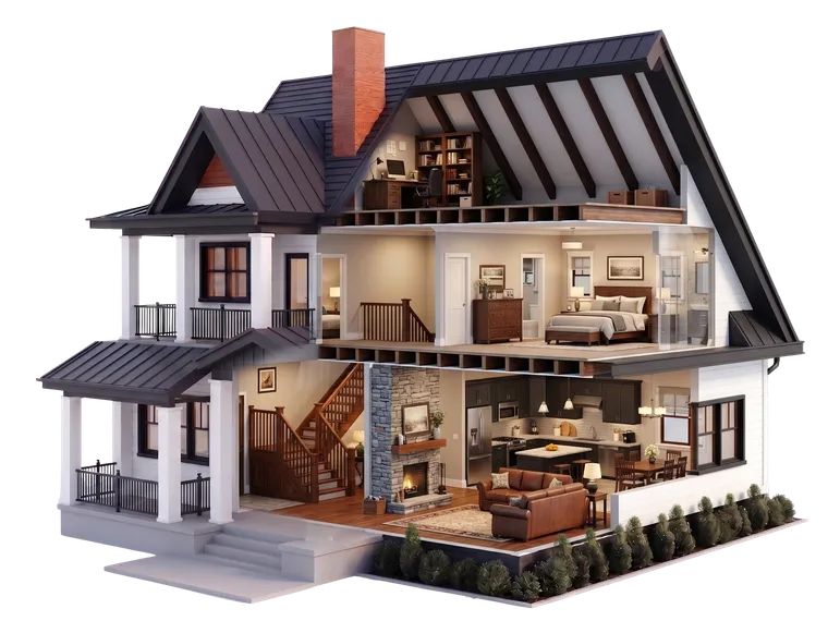 Cutaway home showing clean indoor living spaces and building assemblies