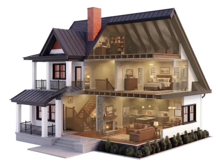 Cutaway home showing contaminated indoor air moving through living spaces