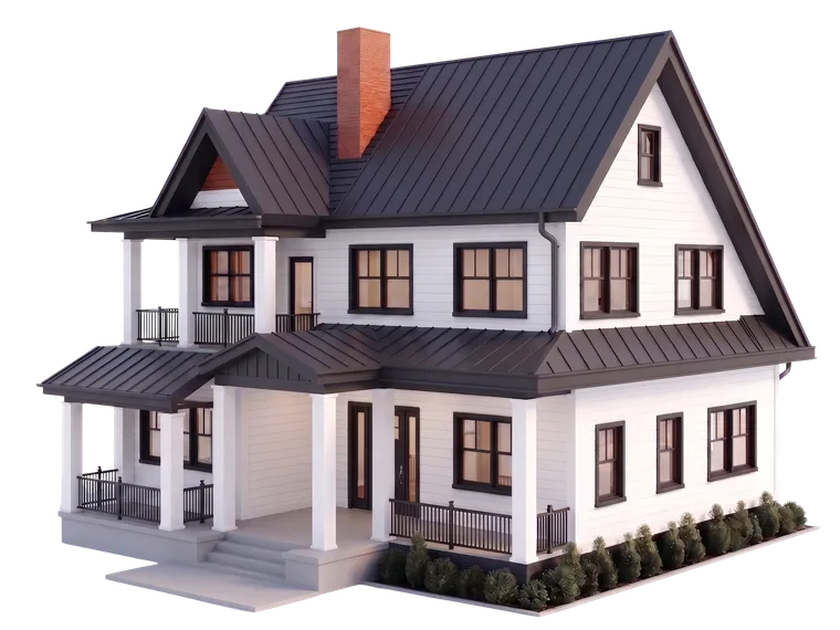 Finished two-story custom home with a metal roof, covered porches, and polished exterior trim