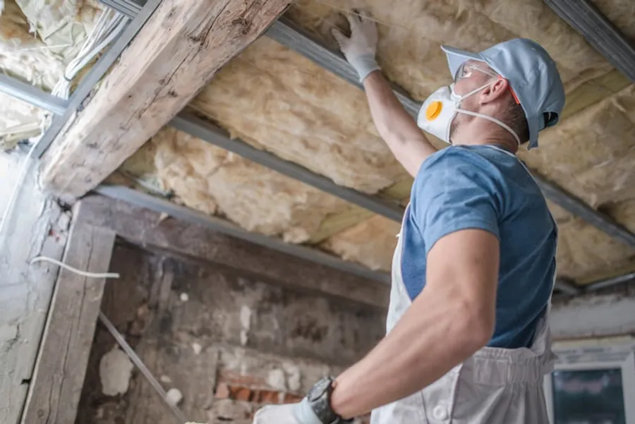 Building professional inspecting insulation and hidden envelope conditions inside a home