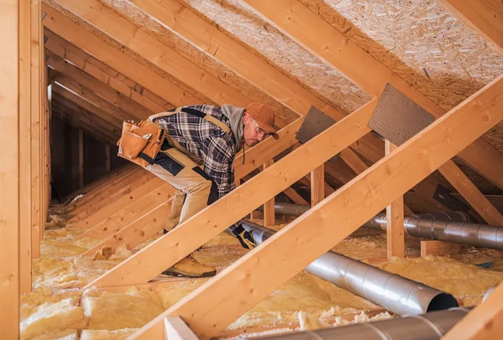 Building professional inspecting ducts and attic conditions